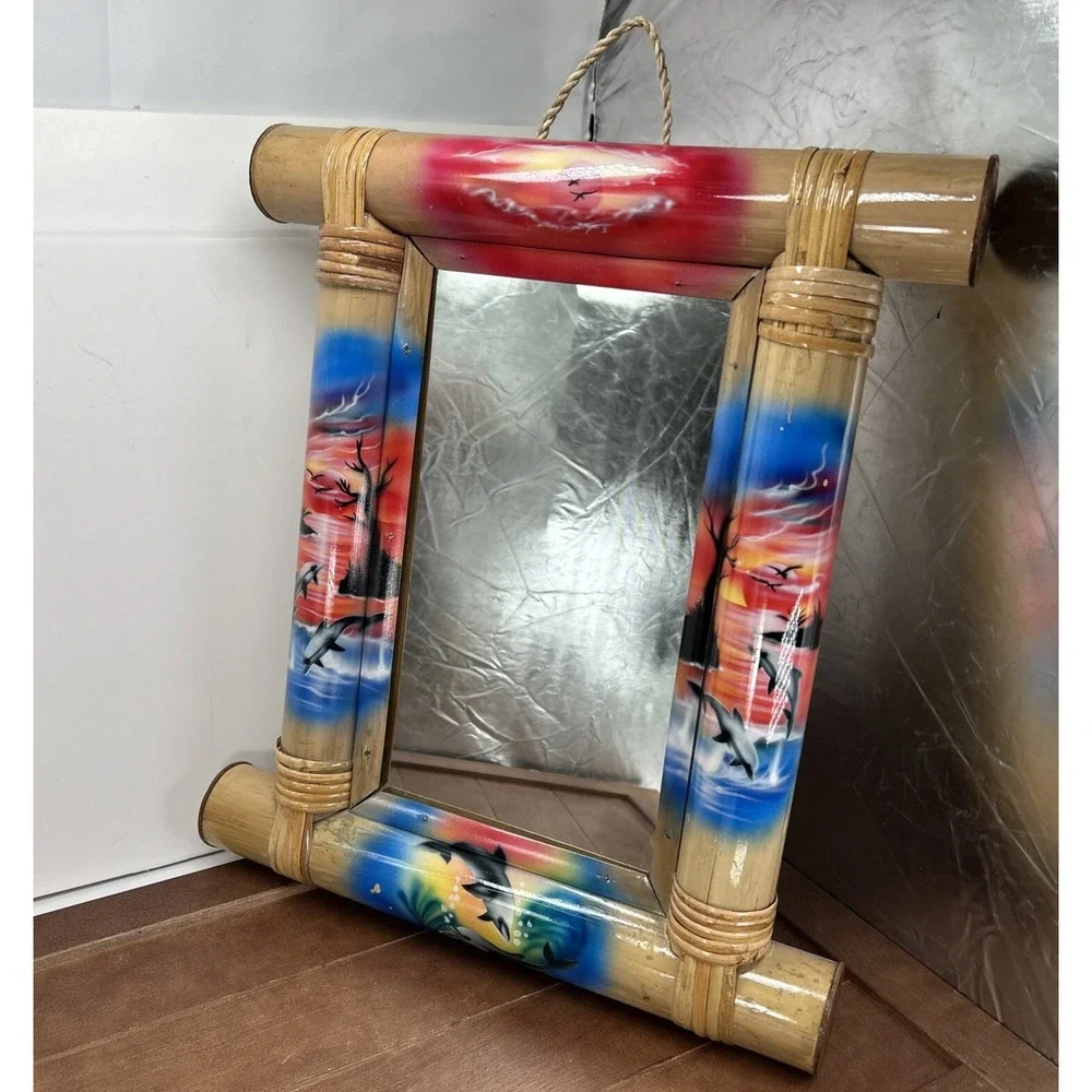 16x14 Bamboo Wood Frame Wall Mirror, Nautical Beach Ocean Hawaii Dolphins